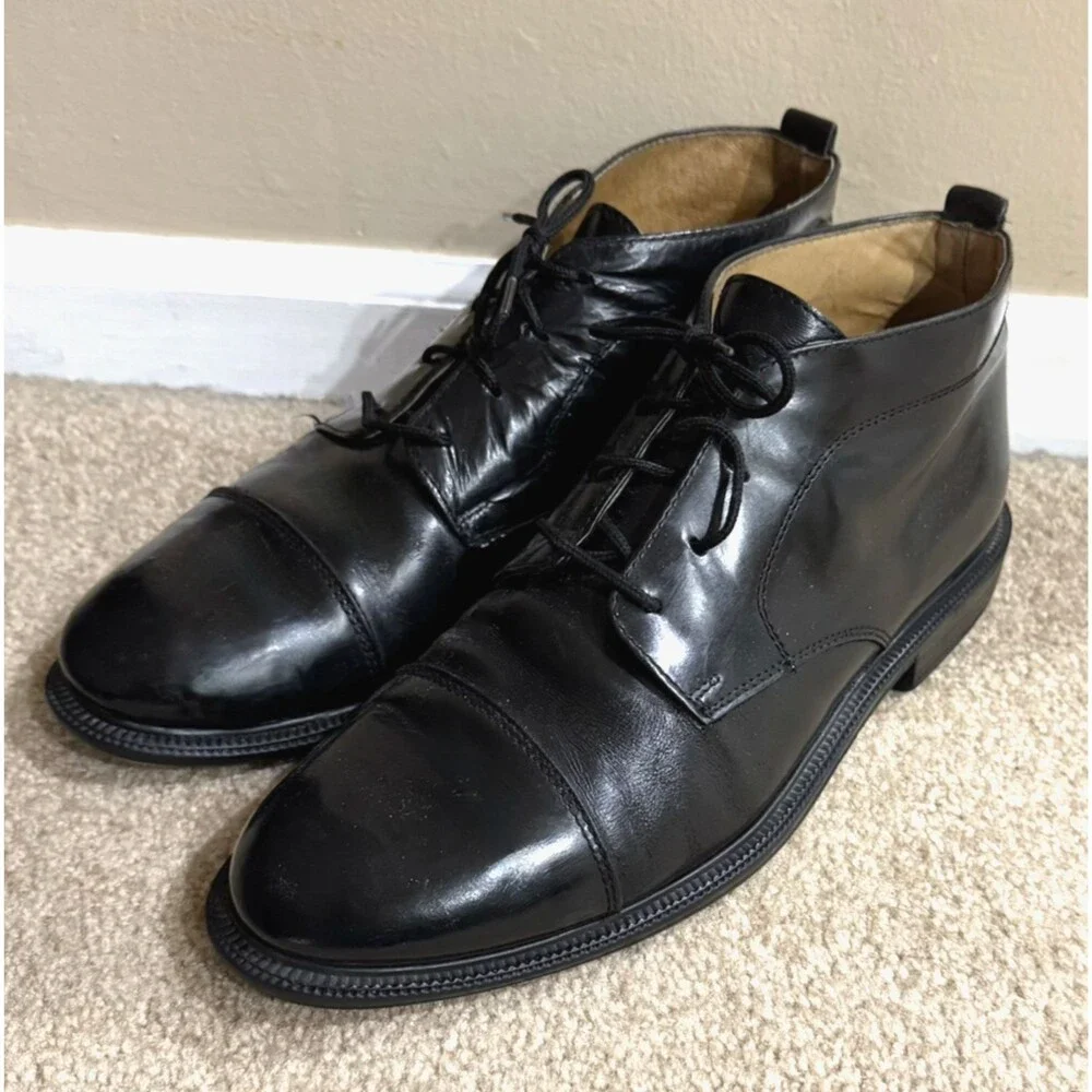 Kenneth Cole Mens 11.5 Black Leather Cap Toe Chukka Boots Lace Up Dress Shoes